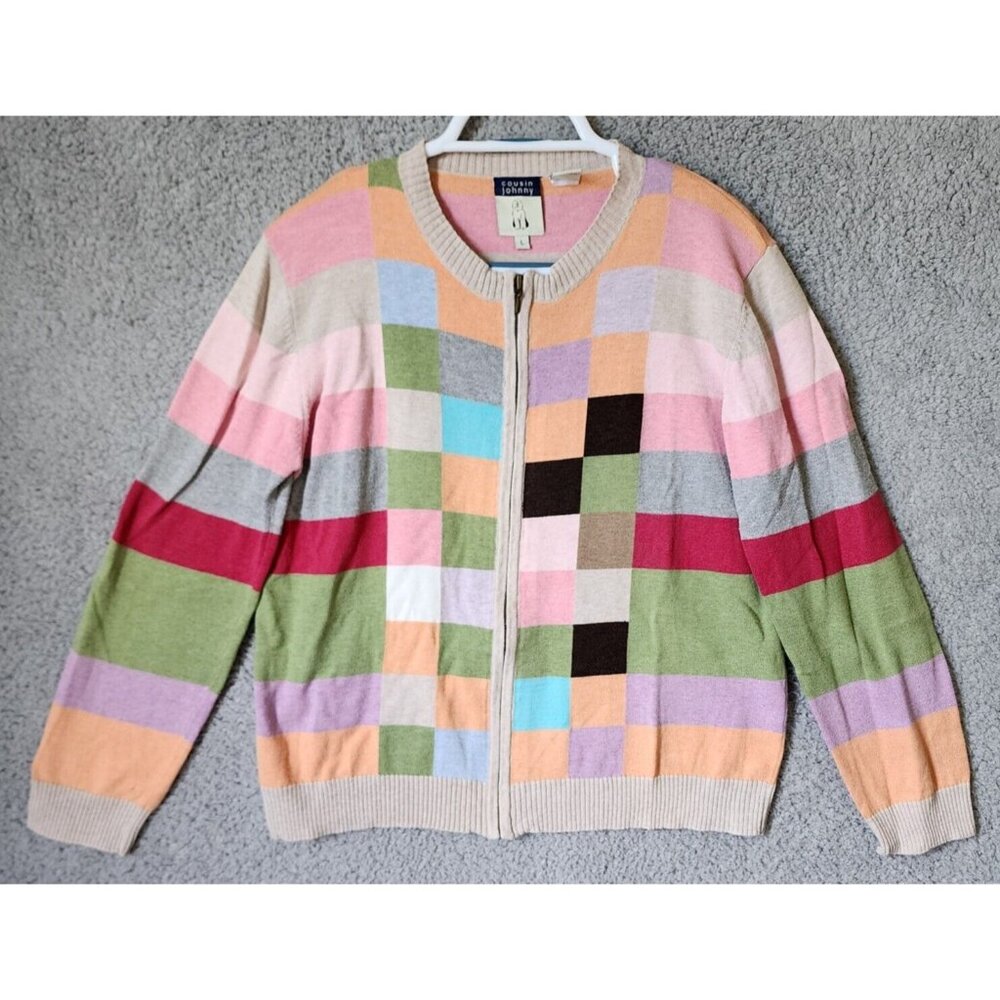 Anthropologie Cousin Johnny Women's Full Zip Front Sweater Colorful Cotton Sz L